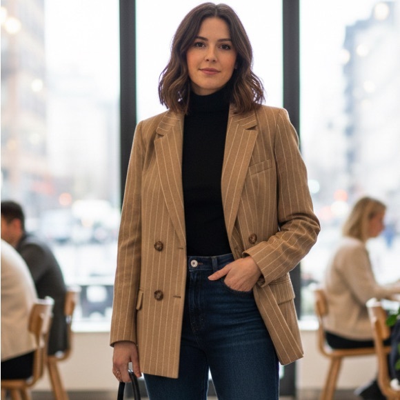 Sezane Jackets & Blazers - Sezane Sz 6 (38) Michele Tan Pin Stripes Double Breasted Wool Blend Blazer